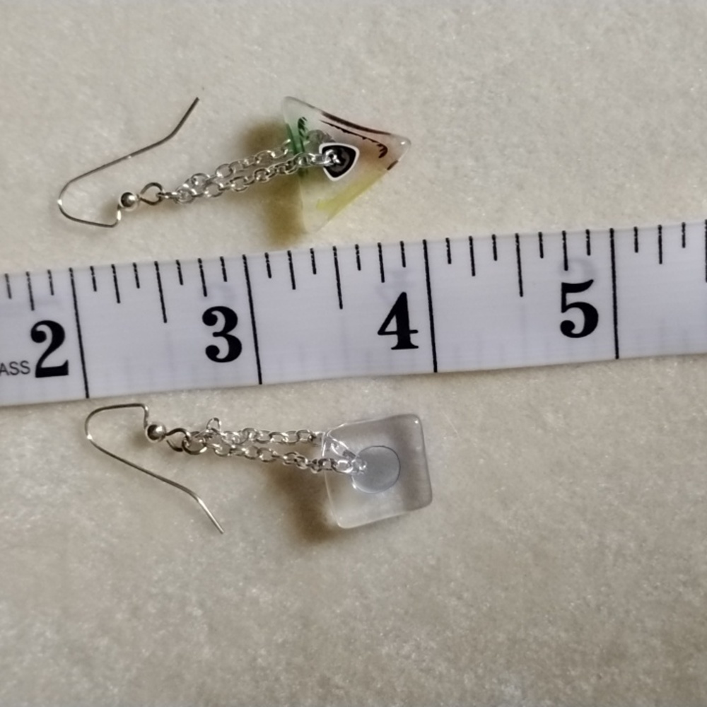 Hand Crafted Colorful Geometric Furnace Glass Drop Earrings - Picture 4 of 5